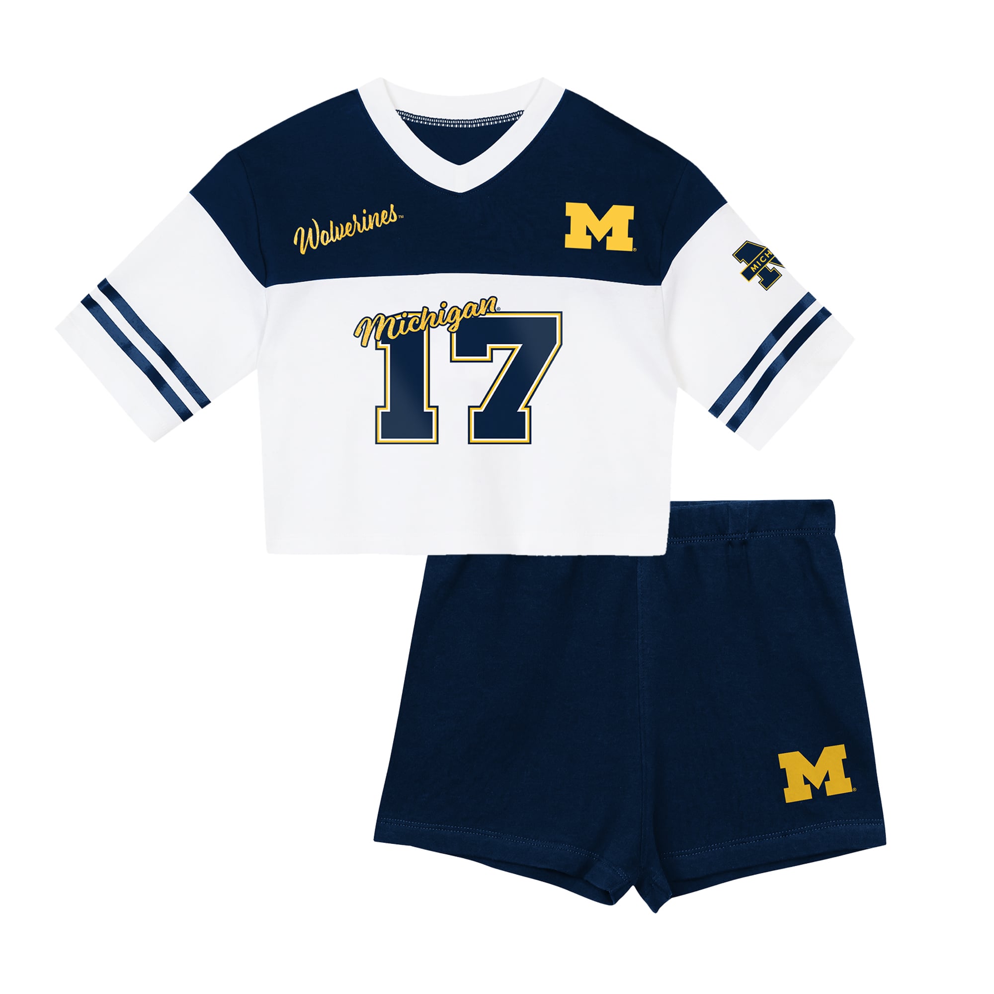 Ensemble T-shirt à col en V et short Outerstuff bleu marine/blanc Michigan Wolverines pour filles (taille préscolaire)